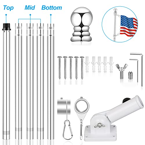 6 FT Flag Pole Kit with Mutil-Position Adjustable Bracket & Metal Tangle Free Flagpole Rings, 1" Thicken Stainless Steel O...