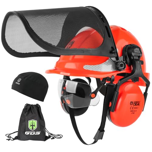 GREEN DEVIL Chainsaw Safety Protective Helmet Forestry Helmet with Build-in Visor Mesh Face Shield Ear Muffs 4 in 1 Ideal ...