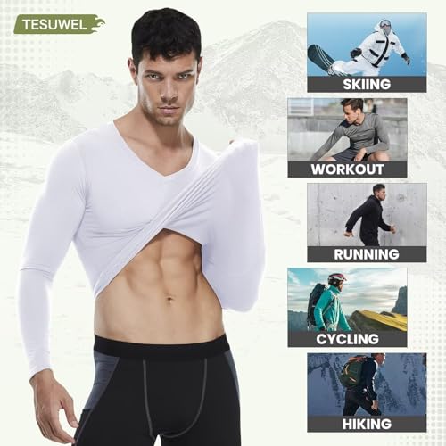 Tesuwel Men's Thermal Compression Shirts V Neck Fleece Lined Long Sleeve Athletic Base Layer Tops for Running Workout