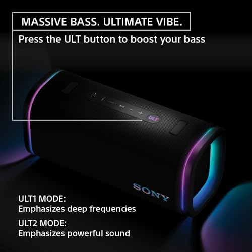 Sony ULT Field 5 Wireless Portable Bluetooth Speaker, IP67 Waterproof, Dustproof, and Rustproof with Enhanced Bass, 25 Hour Battery, 360° Party Light, and Shoulder Strap (SRSULT50B), Black