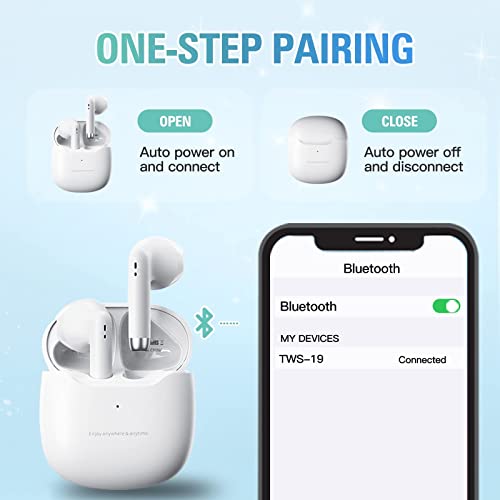 True Wireless Earbuds White Bluetooth 5.3 with Microphone for Working Out Noise Canceling Blue Tooth Ear Buds Deep Bass TW...