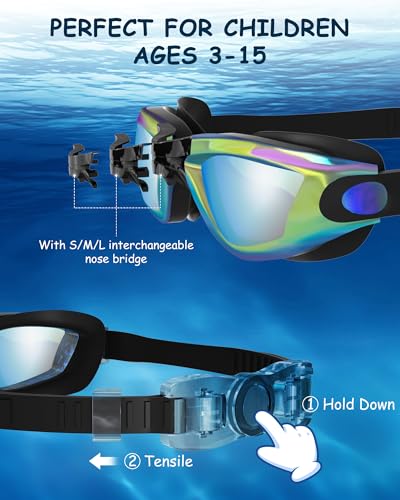 Hurdilen Kids Swim Goggles, Swimming Goggles for Kids Toddlers 3-14 with Swim Cap, Nose Clip, Nose Bridge, Ear Plugs