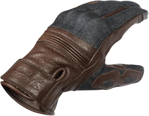 Vance Leather USA Denim & Leather Motorcycle Gloves with Touchscreen Compatibility, Breathable Riding Gloves