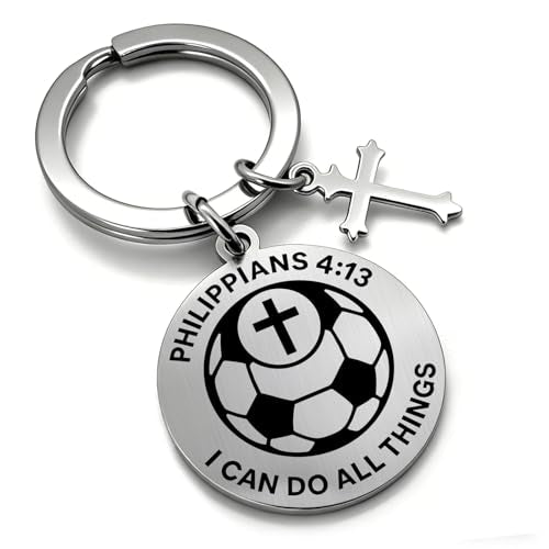 OFlyDesigns Christian Football Sports Keychain, Philippians 4:13 Engraved Inspirational Gift for Men Women Teens