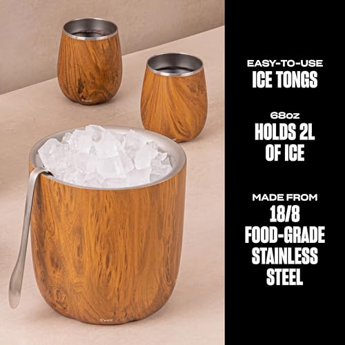 S’well Stainless Steel Ice Bucket with Tongs, 68oz Capacity, Teakwood Finish, Triple-Layer Vacuum Insulated to Keep Ice Co...