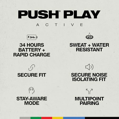 Skullcandy Push Play Active Wireless Earbuds, Bluetooth Headphones, Noise Isolating Fit, 34 Hrs Battery, Secure-Fit Over-E...
