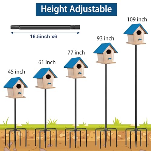 Ottsuls Bird Feeder Pole, 109 Inch Heavy Duty Bird House Pole Kit for Outdoors, with 5-Prong Base Feeding Station for Wild...