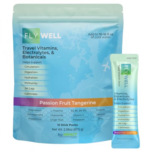 FlyWell Travel Vitamin Tonic for Flight, Jet Lag, Hydration, Circulation, Digestion & Immune Support, Promotes Calmness, E...