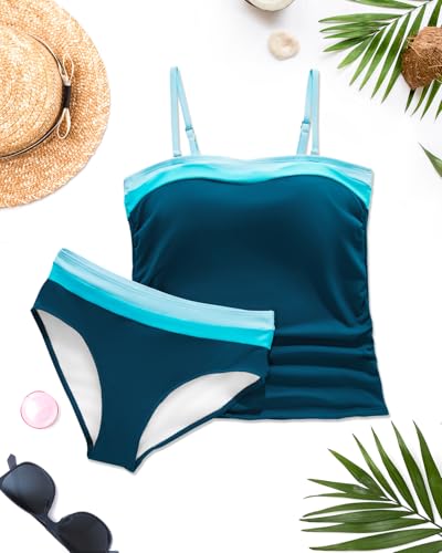 Daci Bandeau Tankini Swimsuits for Women - Two Piece Ruched Tummy Control Bathing Suit Strapless Swimwear with Bottom