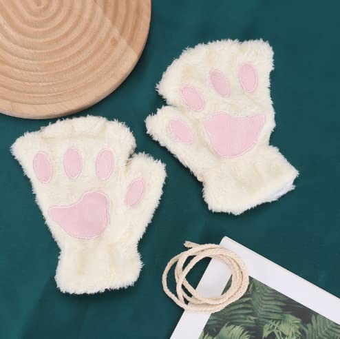 Furry Cat Paw Gloves Winter Fluffy Plush Fingerless Mittens for Women & Teen Girls Cute Cartoon Kawaii Accessories (White,One Size)