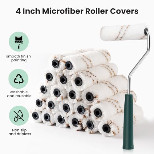 Mister Rui Microfiber Paint Roller Covers 4 Inch, 40 Pack Small Paint Roller Covers with Roller Frame Kit, Mini Paint Roll...