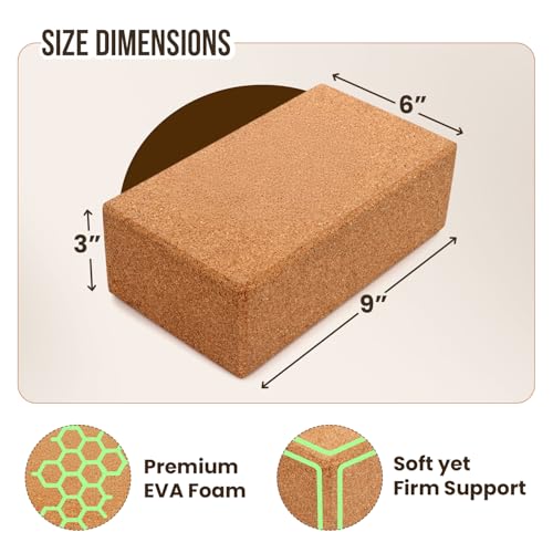 MHW - LIVE WELL Cork Yoga Block – Natural Anti-Slip Yoga Block for Stability & Deepening Poses - 9x6x3 Inches, Single