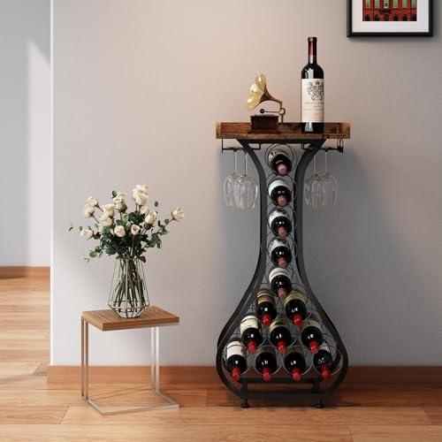 X-cosrack Wine Rack Freestanding Floor, Mini Bar Table Wine Holder Stand Liquor Cabinet with Glass Holder Wood Tabletop 14...