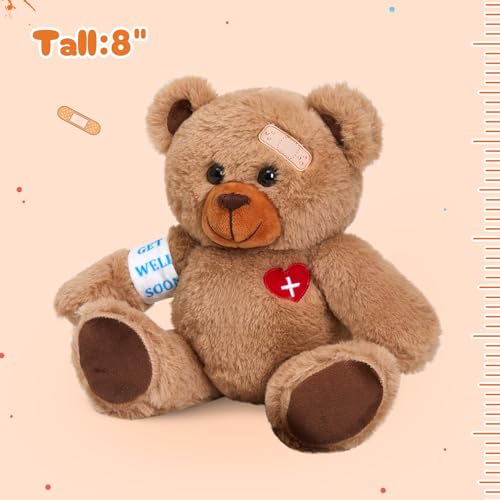 Houwsbaby 8’’ Tall Get Well Soon Brown Teddy Bear Stuffed Animal – Cute Recovery Gift with Bandage & Heart Patch – Broken ...