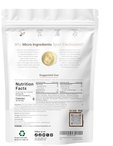 Micro Ingredients Electrolytes Powder, 2 lbs | 95 Servings | Sugar Free Workout Hydration | Potassium, Sodium, L-Glutamin...