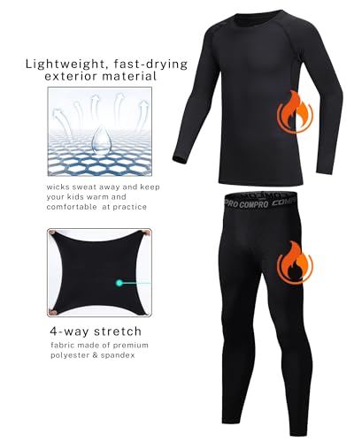 Boys Compression Shirt Long Sleeve Suit Youth Undershirts Kids Football Baseball Baselayer Cold Gear Quick Dry Black