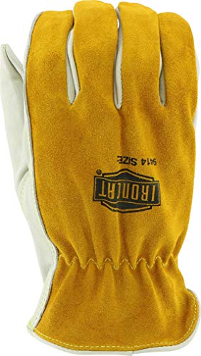 Ironcat Premium Grade Top Grain Cowhide Leather Drivers Glove, Split Cowhide Back, Keystone Thumb, Brown/White