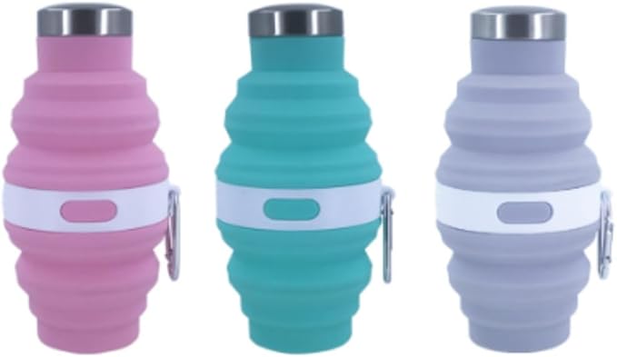 Collapsible Silicone Water Bottle with Carabiner, 475ml/17oz, BPA-Free, Leak-Proof, Lightweight & Durable for Travel, Gym, Camping (Pink)