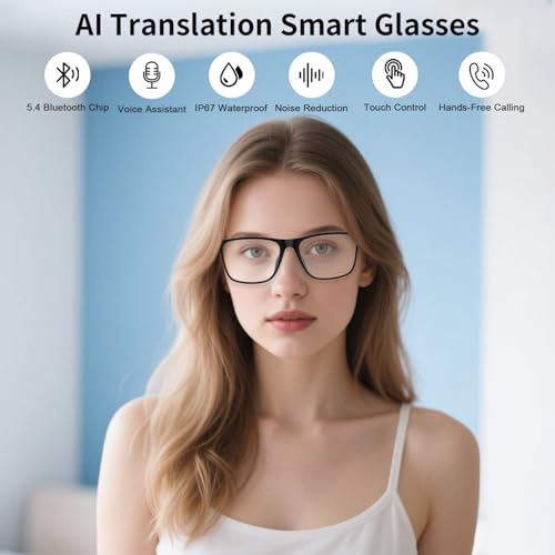 AI Translation Glasses, Support 169 Languages Real-Time Translation Powered By APP, Open-Ear Sound Mic & Speakers, Color-C...