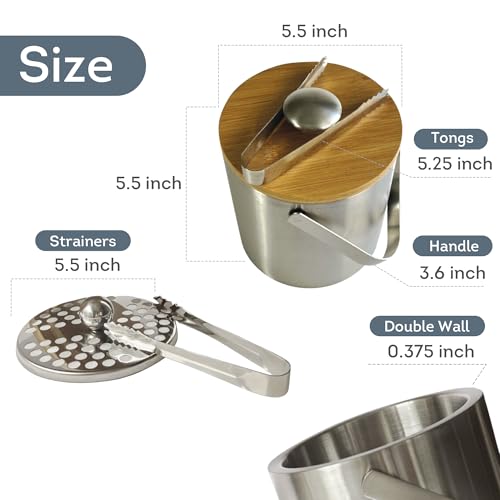 Lily's Home Double Wall Insulated Small Ice Bucket with Bamboo Lid - Stainless Steel Ice Holder with Tongs and Strainer, I...