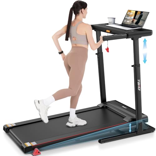 Treadmill with Desk Workstation & Adjustable Height, 450 lbs Weight Capacity, Folding Treadmill with 5%/15% Incline, Bluet...