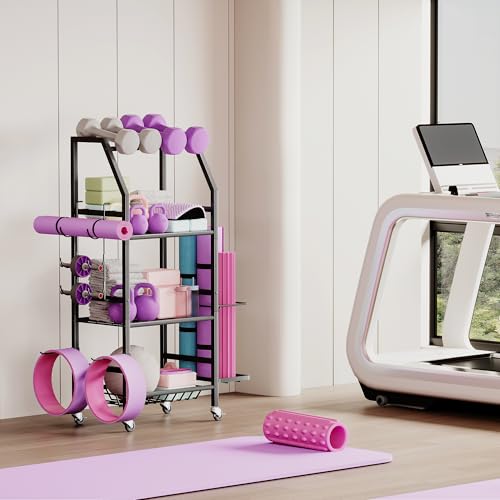 Homeiju Dumbbell Rack, Weight Rack for Home Gym, Yoga Mat Storage Holder with Lockable Wheels, Dumbbell Stand with Hooks, ...