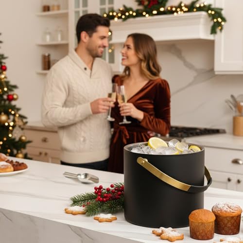 3.2L/3.4QT Modern Insulated Ice Bucket with Silicone Lid, Scoop, Strainer, Double Wall Stainless Steel Ice Bucket for Part...