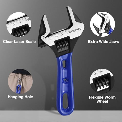 WORKPRO 4-Inch Stubby Adjustable Wrench, 0.94-Inch Extra Wide Jaw Opening Wrench, Metric/SAE Scales, Cr-V Steel, Ideal for...