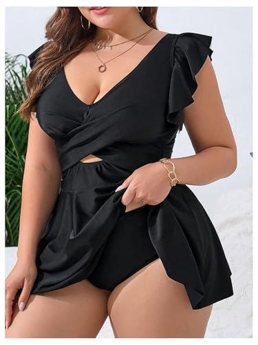 OYOANGLE Women's Plus Size Swimsuit Cover Up Cap Sleeve V Neck Ruffle Swim Dress Coverups