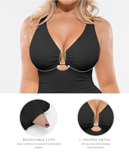 SHAPELLX Tummy Control Swimsuits One Piece V Neck Slimming Bathing Suit for Women Cutout Ruched Shapewear Swimwear