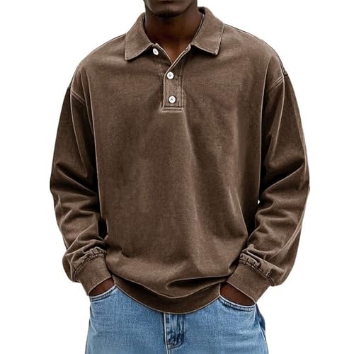 Men's Vintage Rugby Polo Shirt Long Sleeve Collared Thermal Pullover for Casual Work & Golf