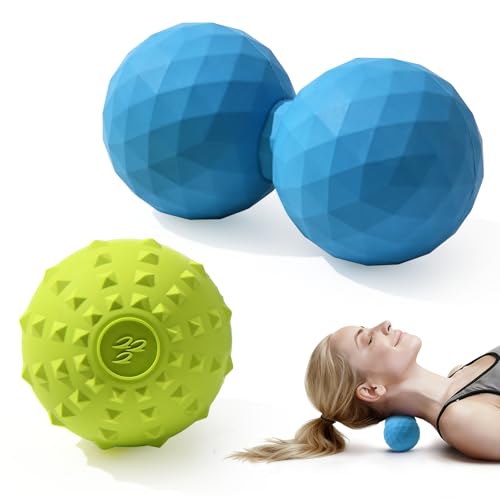 Peanut & Spiky Massage Ball Set, Double Lacrosse Peanut Roller + Firm Spiky Ball for Deep Tissue Myofascial Release, Trigg...