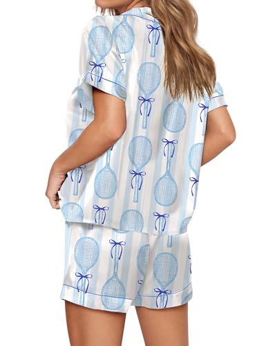 SHESHOW Pajamas for Women Set Satin Button Down Short Sleeve Top and Shorts Pjs Sets Sport Ball Print Sleepwear XS-XXL