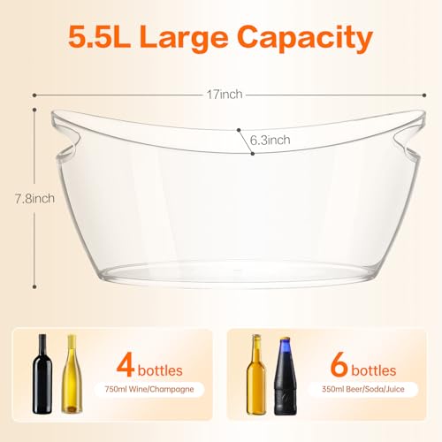 Ice Buckets for parties Wine Bucket, Clear Acrylic 5.5 Liter Plastic Tub for Drinks and Parties, Food Grade, Perfect for W...