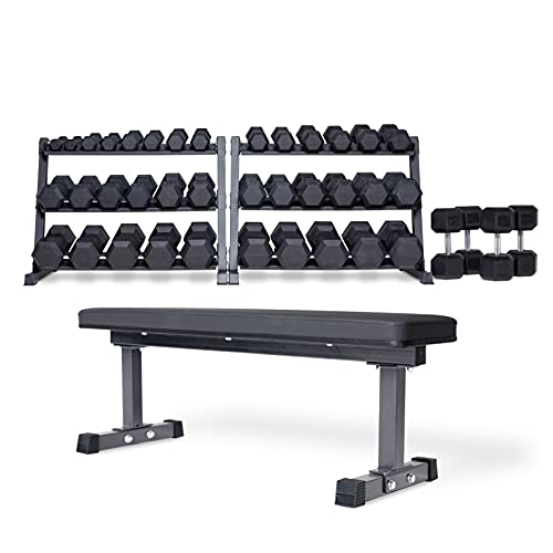 REP FITNESS Dumbbell Set with Bench – 5-50, 5-75 or 5-100 Rubber Hex Dumbbell Set with Either Flat or Adjustable Bench