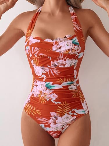 Eomenie Women One Piece Tummy Control Swimsuit Halter Scallop Trim Bathing Suits 1 Piece Vintage Ruched Slimming Swimwear