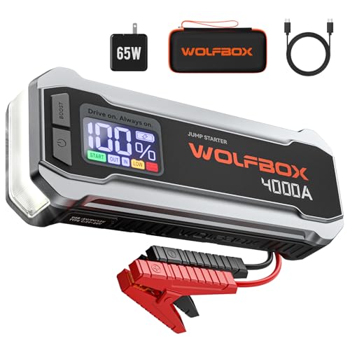 WOLFBOX 4000A Jump Starter,12V Car Battery Jumper Starter Portable with 65W Quick Charger,LED Display,88.8Wh Booster Jump ...