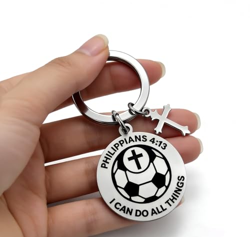 OFlyDesigns Christian Football Sports Keychain, Philippians 4:13 Engraved Inspirational Gift for Men Women Teens