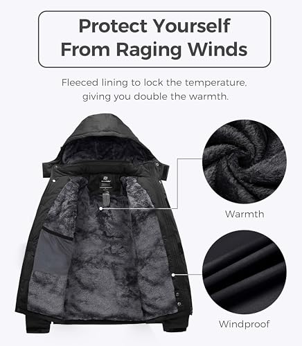 wantdo Men's Mountain Waterproof Ski Jacket Windproof Rain Jacket Winter Warm Hooded Coat