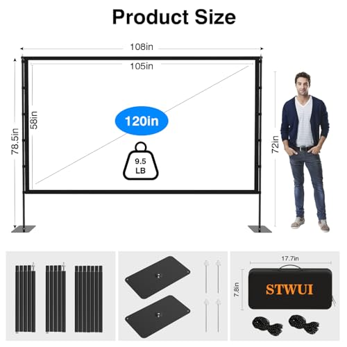 STWUI Outdoor-Projector-Screen-with-Stand - 120 inch Portable Projector Screen Indoor Outdoor Projector Screens 16:9 4K HD...