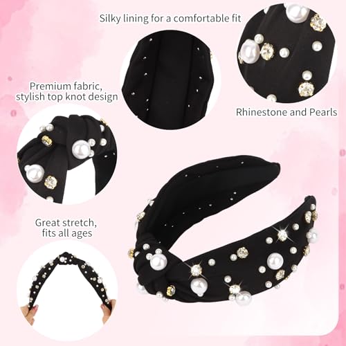 Brimekichio Black Headband for Women Girls Pearl Knotted Headband Clear Rhinestone Head Band Black Hair Accessories Women