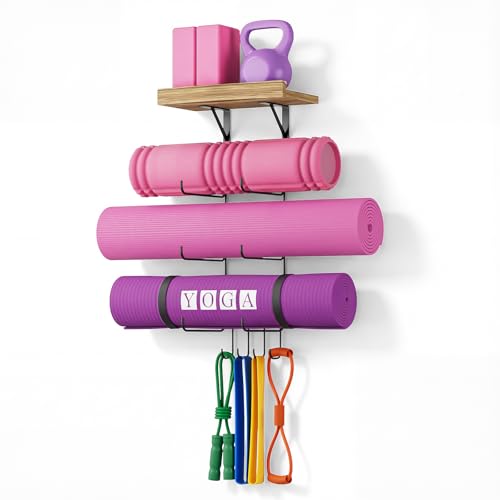 Bikoney Yoga Mat Holder Wall Mount Yoga Mat Storage Home Gym Accessories with Wood Floating Shelves and 4 Hooks for Hangin...