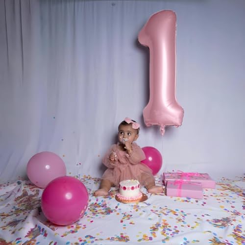 Pastel Pink 1 Balloons, 40 Inch Giant Light Pink Helium Foil Number 0-9 for Girls, Self Inflating 1st Birthday Balloon for...