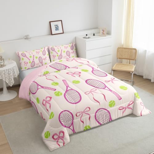 Tennis Kids Queen Comforter Sets,Girls Sport Cute Bowknot Reversible Bedding Set for Boys Teens,Outdoor Sport Ball Game Qu...