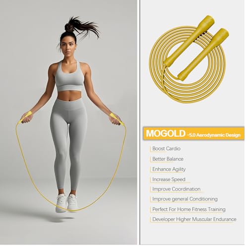 MOGOLD Workout Jump Rope,5mm PVC Jump Rope,Adjustable Length with Shatterproof Handles, Ideal for Beginners & Advanced Ath...