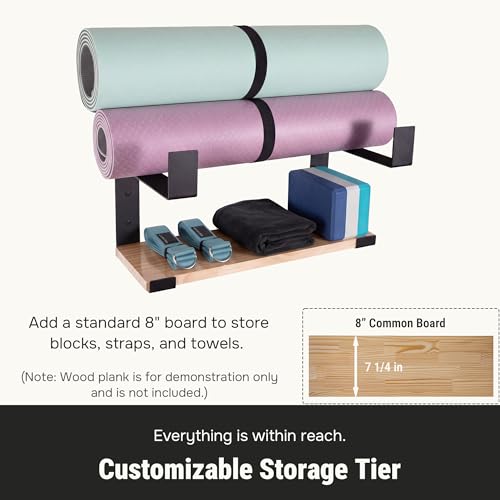 RoakyRoasy Yoga Mat Holder with Protective Padding Wall Mount Steel Storage Rack, 2 Tier Adjustable Width Hanger for up to...