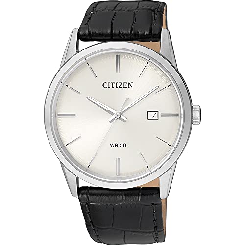 Citizen Quartz Mens Watch, Stainless Steel with Leather Strap, Casual