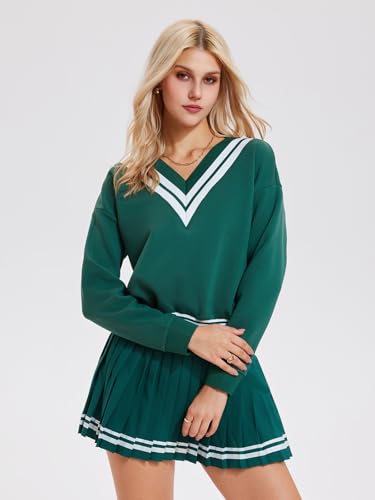 IUK Women's 2 Piece Tennis Skirt Set, V-Neck Long Sleeve Sweatshirt & High Waisted Pleated Skirt, Athletic Outfit for Golf