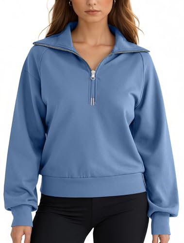Women's Cropped Half Zip Pullover Quarter Zipper Long Sleeve Sweatshirt for Casual Wear