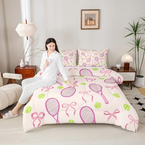 Tennis Kids Queen Comforter Sets,Girls Sport Cute Bowknot Reversible Bedding Set for Boys Teens,Outdoor Sport Ball Game Qu...